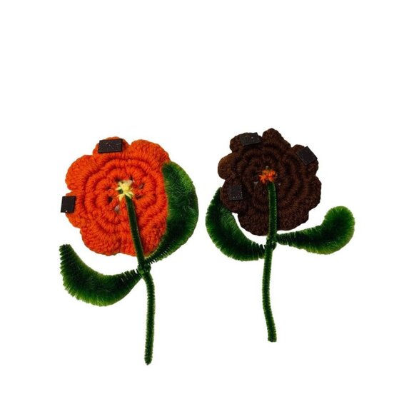 Handmade Vintage 1970s Flower Magnets Orange Brown Crochet Chenille Pipe Cleaner - Picture 7 of 9